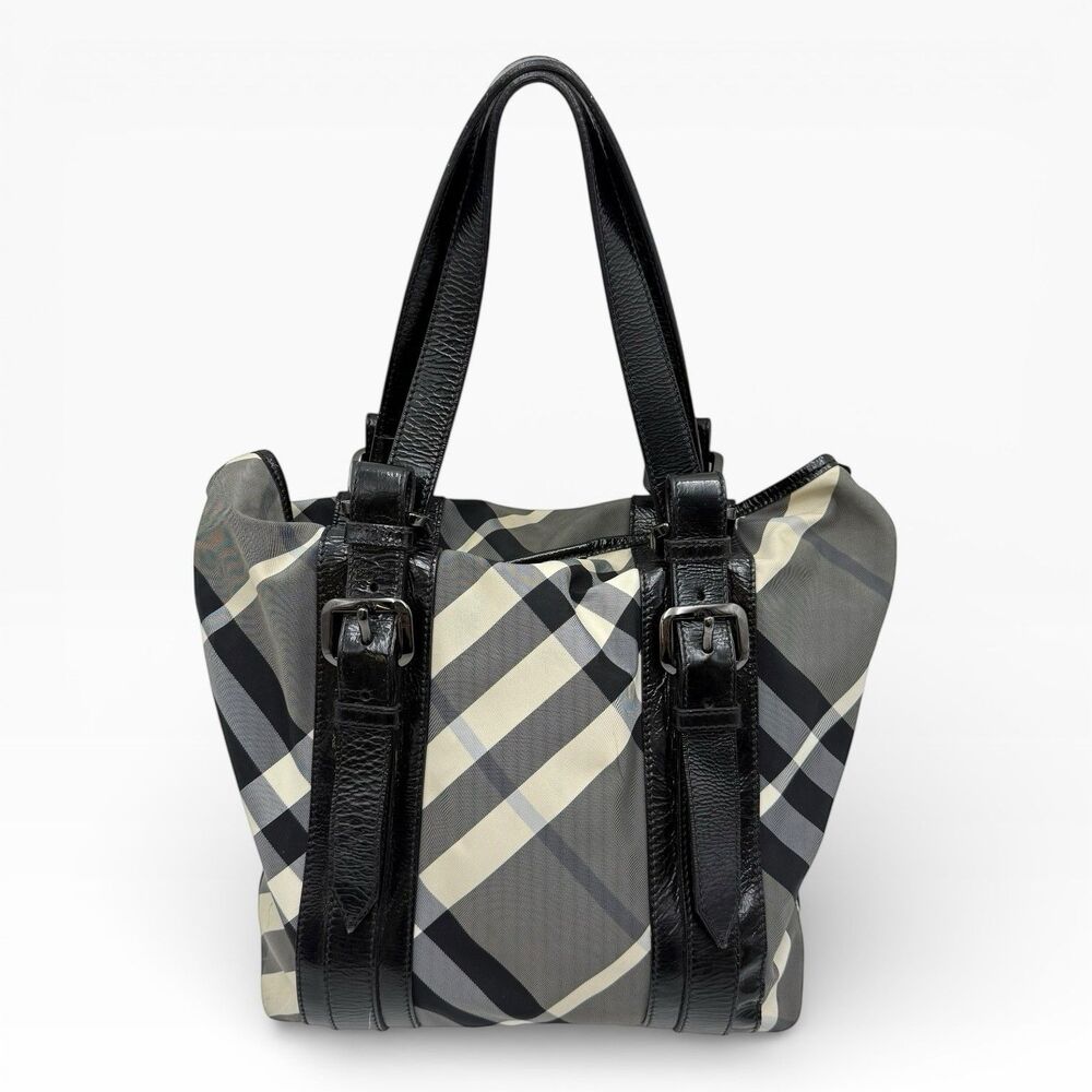 BURBERRY BEAT CHECK VICTORIA NYLON PATENT LEATHER TOTE BAG - Picture 1 of 12